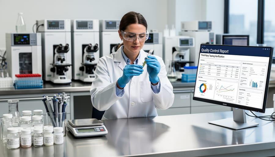 Glass beaker with amber liquid and lab tools on a stainless steel quality-control surface