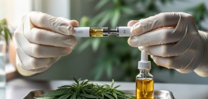 Close-up of a hemp-derived delta 8 vape disposable cartridge with hemp leaves and an amber glass dropper bottle in a clean, modern wellness setting.