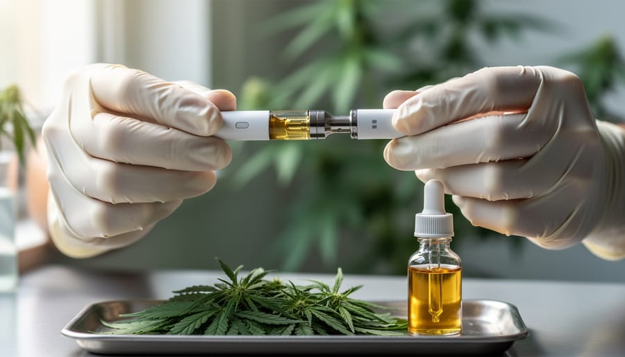 Close-up of a hemp-derived delta 8 vape disposable cartridge with hemp leaves and an amber glass dropper bottle in a clean, modern wellness setting.