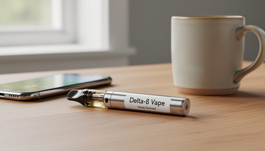 Sleek delta 8 vape device on a dark desk with blurred hemp-related items in the background