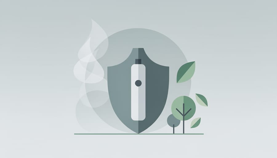 Vape device placed near an air purifier and a glass of water in a warmly lit living room